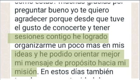 Testimonio: gracias a las sesiones, logré organizarme un poco más en mis ideas y orientar mejor mi mensaje de propósito hacia mi misión.